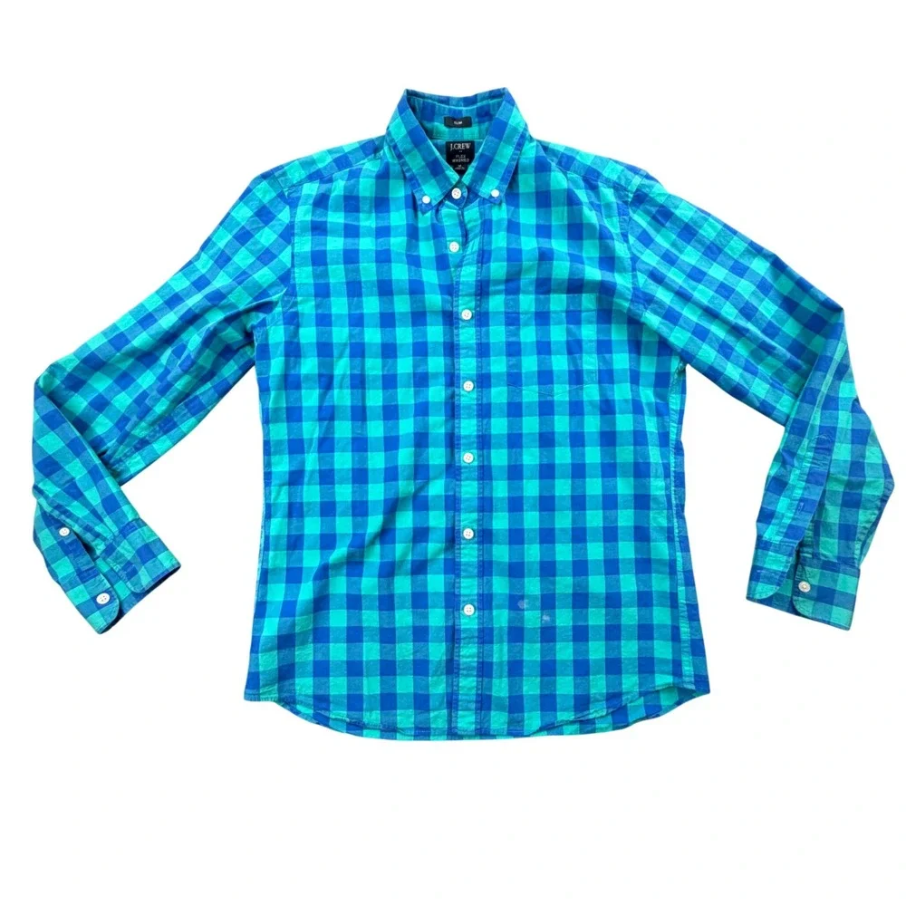 J.Crew Mens Slim Fit Flex Washed Gingham Button Down Shirt Blue Teal Medium